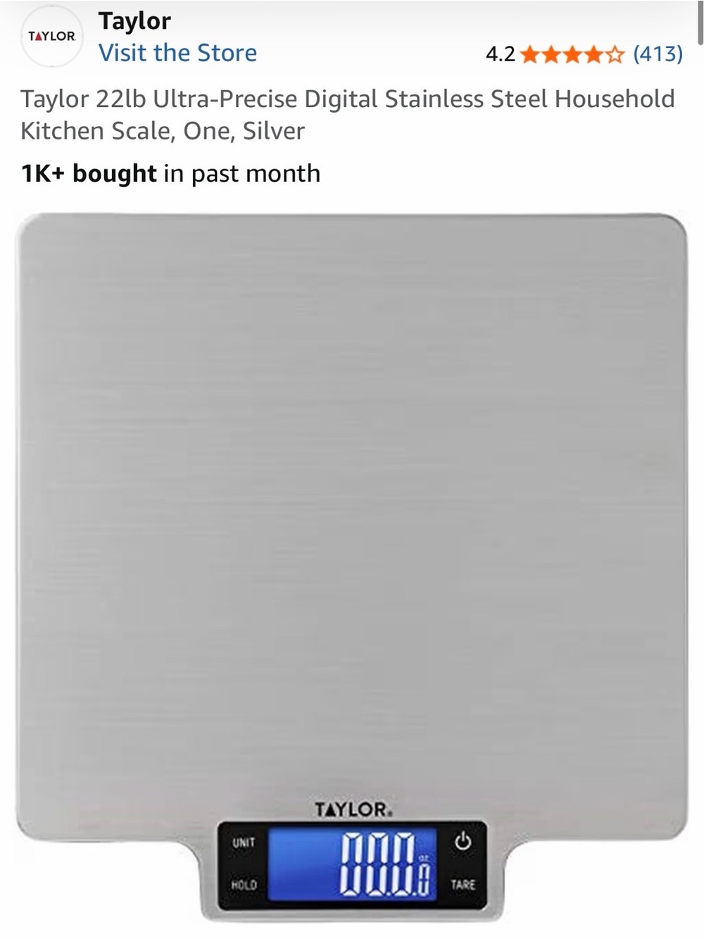 Taylor Stainless Steel Digital Kitchen Scale - Silver with Blue Display